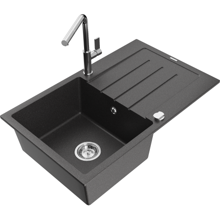 Mexen Bruno 1-bowl granite sink with drainer and Flora kitchen faucet, black speckled - 6513-76-670401-00