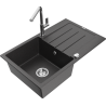 Mexen Bruno 1-bowl granite sink with drainer and Flora kitchen faucet, black speckled - 6513-76-670401-00
