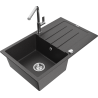 Mexen Bruno granite single-bowl sink with drainer and kitchen faucet Flora, speckled black - 6513-76-670401-00