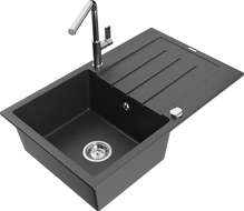 Mexen Bruno granite single-bowl sink with drainer and kitchen faucet Flora, speckled black - 6513-76-670401-00