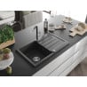 Mexen Bruno 1-bowl granite sink with drainer and Flora kitchen faucet, speckled black - 6513-76-670401-07