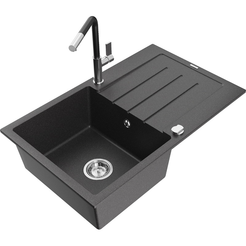 Mexen Bruno granite single-bowl sink with drainer and Flora kitchen faucet, speckled black - 6513-76-670401-07