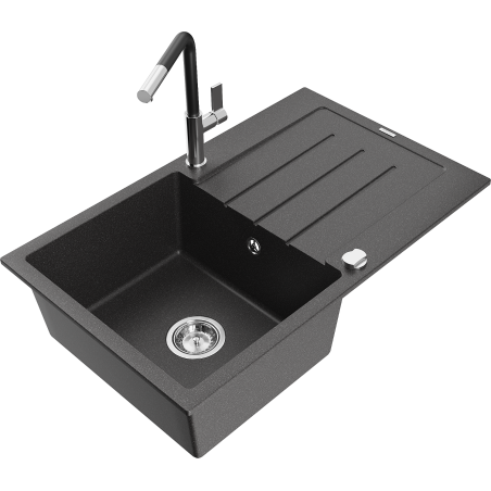 Mexen Bruno 1-bowl granite sink with drainer and Flora kitchen faucet, speckled black - 6513-76-670401-07