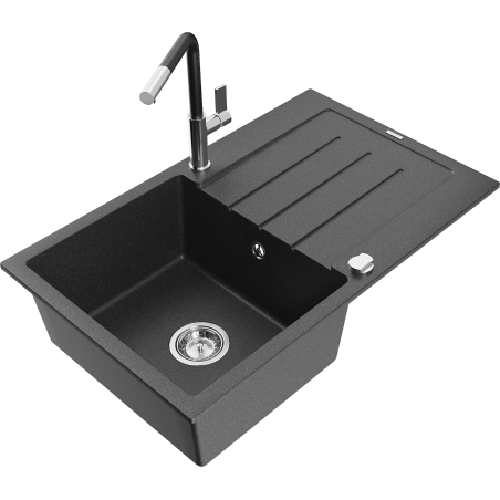 Mexen Bruno granite single-bowl sink with drainer and Flora kitchen faucet, speckled black - 6513-76-670401-07