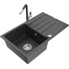 Mexen Bruno 1-bowl granite sink with drainer and Flora kitchen faucet, speckled black - 6513-76-670401-07