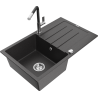 Mexen Bruno granite single-bowl sink with drainer and Flora kitchen faucet, speckled black - 6513-76-670401-07