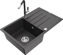 Mexen Bruno granite single-bowl sink with drainer and Flora kitchen faucet, speckled black - 6513-76-670401-07