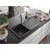 Mexen Bruno granite 1-bowl sink with drainer and Flora kitchen tap, black speckled - 6513-76-670401-07-B