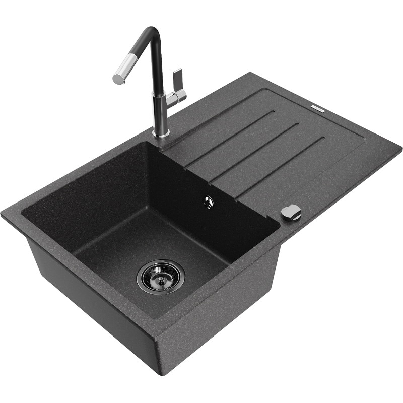 Mexen Bruno granite kitchen sink with 1 bowl, drainer, and Flora kitchen faucet, speckled black - 6513-76-670401-07-B
