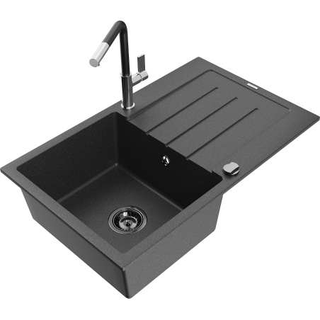 Mexen Bruno granite kitchen sink 1-bowl with drainer and Flora kitchen faucet, black speckled - 6513-76-670401-07-B