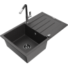 Mexen Bruno granite kitchen sink 1-bowl with drainer and Flora kitchen faucet, black speckled - 6513-76-670401-07-B