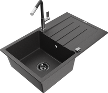 Mexen Bruno granite kitchen sink 1-bowl with drainer and Flora kitchen faucet, black speckled - 6513-76-670401-07-B