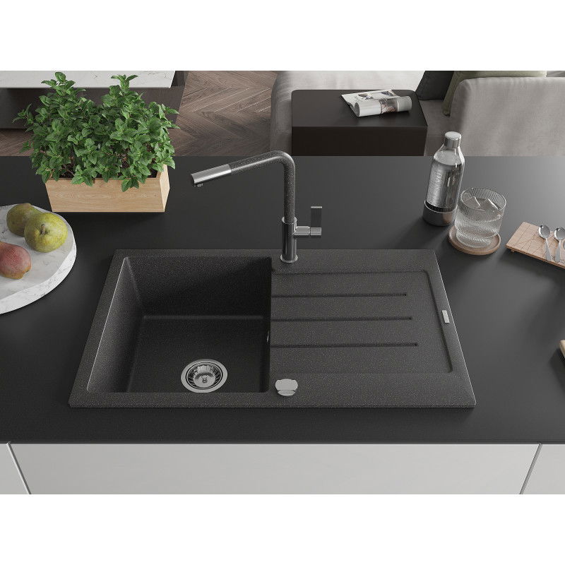 Mexen Bruno 1-bowl granite sink with drainer and Flora kitchen tap, speckled black - 6513-76-670401-08