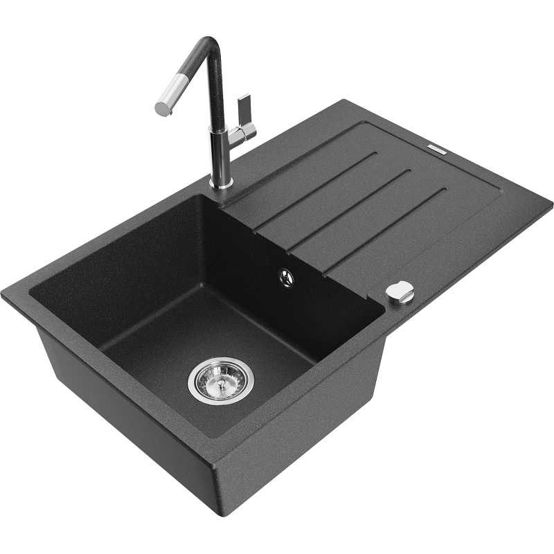 Mexen Bruno 1-compartment granite sink with a drip tray and kitchen mixer tap Flora, spotted black - 6513-76-670401-08