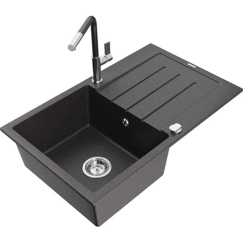 Mexen Bruno granite single-bowl sink with drainer and Flora kitchen faucet, speckled black - 6513-76-670401-08