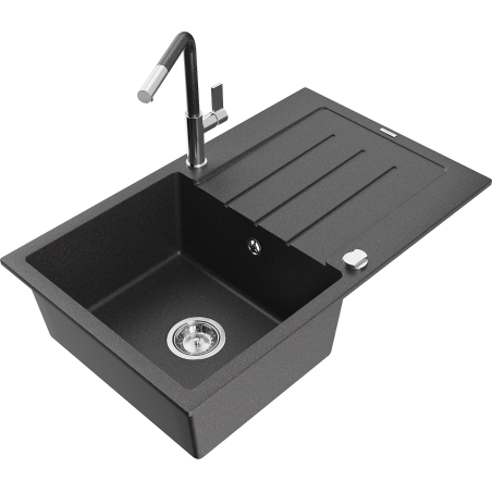 Mexen Bruno granite single-bowl sink with drainer and Flora kitchen faucet, speckled black - 6513-76-670401-08