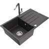 Mexen Bruno granite single-bowl sink with drainer and Flora kitchen faucet, speckled black - 6513-76-670401-08