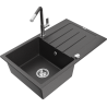 Mexen Bruno granite sink 1-bowl with drainer and Flora kitchen faucet, speckled black - 6513-76-670401-08