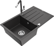 Mexen Bruno granite single-bowl sink with drainer and Flora kitchen faucet, speckled black - 6513-76-670401-08