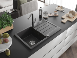 Mexen Bruno 1-compartment granite sink with a drip tray and kitchen mixer tap Flora, spotted black - 6513-76-670401-08