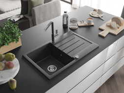 Mexen Bruno granite sink 1-bowl with drainer and Flora kitchen faucet, speckled black - 6513-76-670401-08