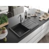 Mexen Bruno granite sink 1-bowl with drainer and Flora kitchen faucet, black speckled - 6513-76-670401-08-B