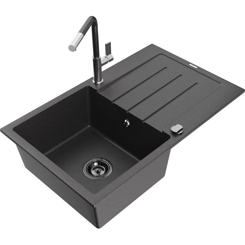 Mexen Bruno 1-bowl granite sink with drainer and Flora kitchen faucet, speckled black - 6513-76-670401-08-B