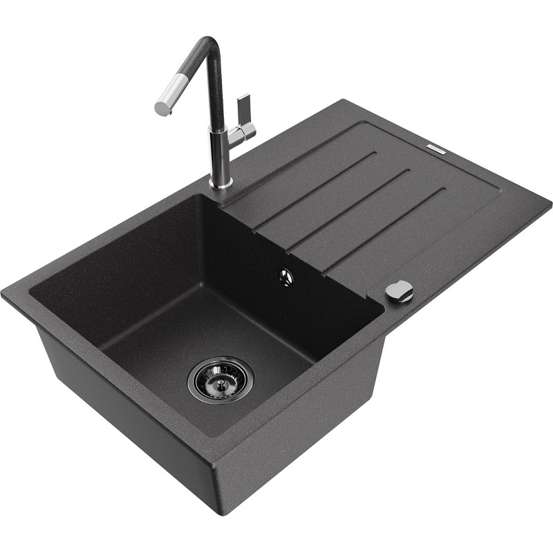 Mexen Bruno 1-compartment granite sink with a drip tray and kitchen mixer tap Flora, spotted black - 6513-76-670401-08-B