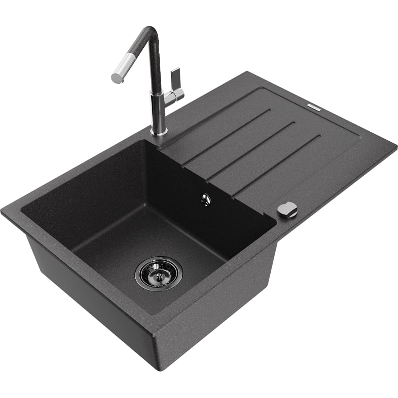 Mexen Bruno granite sink 1-bowl with drainer and Flora kitchen faucet, black speckled - 6513-76-670401-08-B