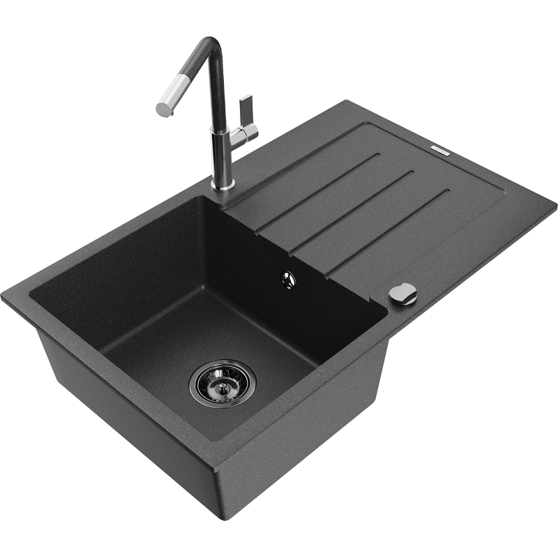Mexen Bruno granite sink, 1-bowl with drainer and Flora kitchen tap, speckled black - 6513-76-670401-08-B