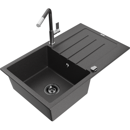 Mexen Bruno 1-bowl granite sink with drainer and Flora kitchen faucet, speckled black - 6513-76-670401-08-B
