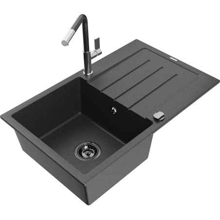 Mexen Bruno granite sink 1-bowl with drainer and Flora kitchen faucet, black speckled - 6513-76-670401-08-B