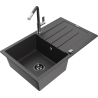 Mexen Bruno 1-bowl granite sink with drainer and Flora kitchen faucet, speckled black - 6513-76-670401-08-B