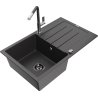 Mexen Bruno granite sink 1-bowl with drainer and Flora kitchen faucet, black speckled - 6513-76-670401-08-B