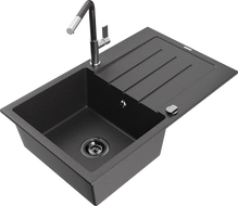 Mexen Bruno 1-bowl granite sink with drainer and Flora kitchen faucet, speckled black - 6513-76-670401-08-B