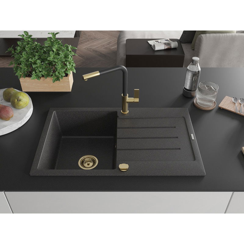 Mexen Bruno granite sink 1-bowl with drainer and Flora kitchen tap, black speckled - 6513-76-670401-57-G