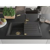Mexen Bruno granite single-bowl sink with drainer and Flora kitchen faucet, speckled black - 6513-76-670401-57-G