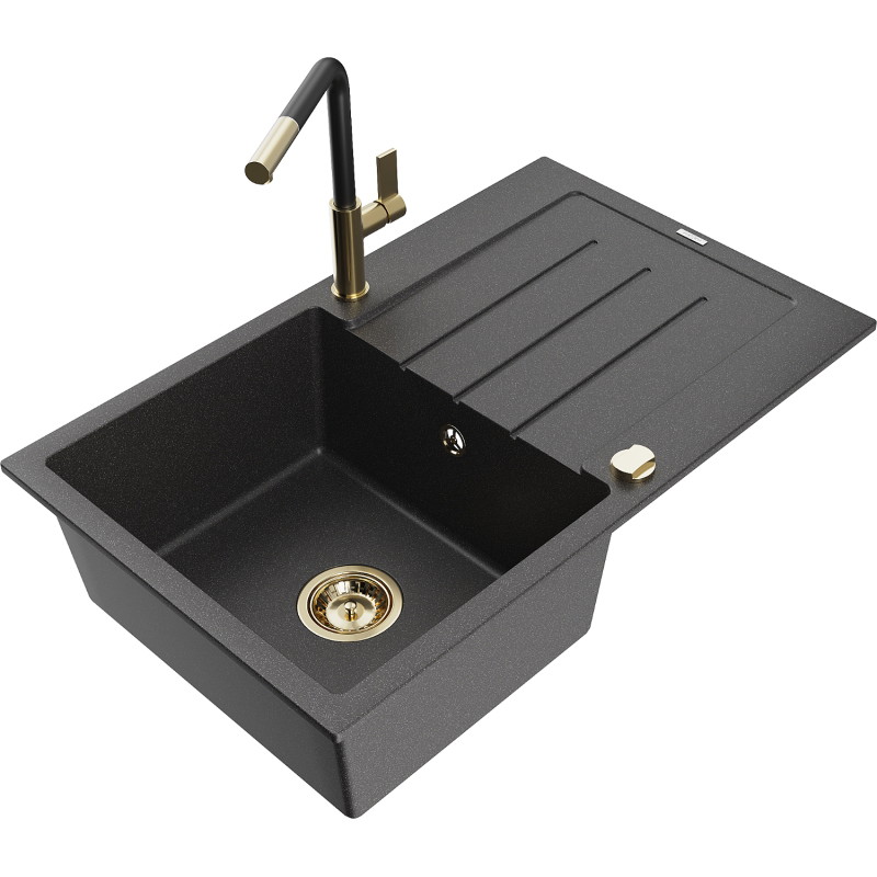 Mexen Bruno granite kitchen sink 1-bowl with drainer and Flora kitchen faucet, speckled black - 6513-76-670401-57-G