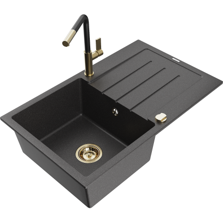 Mexen Bruno granite kitchen sink 1-bowl with drainer and Flora kitchen faucet, speckled black - 6513-76-670401-57-G