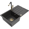 Mexen Bruno granite single-bowl sink with drainer and Flora kitchen faucet, speckled black - 6513-76-670401-57-G