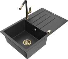 Mexen Bruno granite single-bowl sink with drainer and Flora kitchen faucet, speckled black - 6513-76-670401-57-G