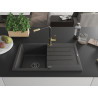 Mexen Bruno granite sink 1-bowl with drainer and Flora kitchen faucet, black speckled - 6513-76-670401-57-B