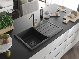 Mexen Bruno 1-bowl granite sink with drainer and Flora kitchen faucet, speckled black - 6513-76-670401-57-B