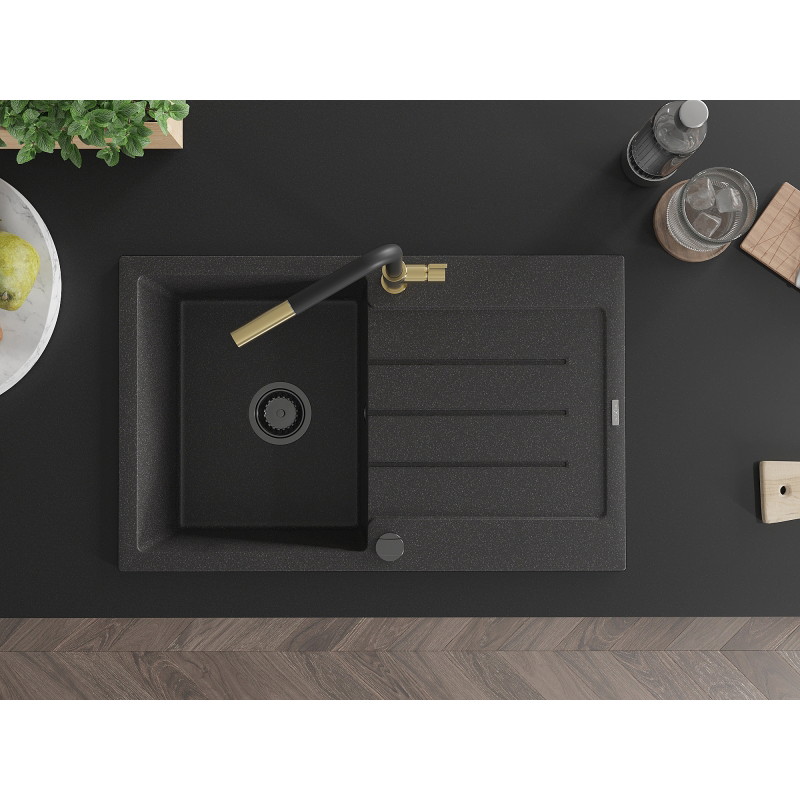 Mexen Bruno 1-bowl granite sink with drainer and Flora kitchen faucet, speckled black - 6513-76-670401-57-B