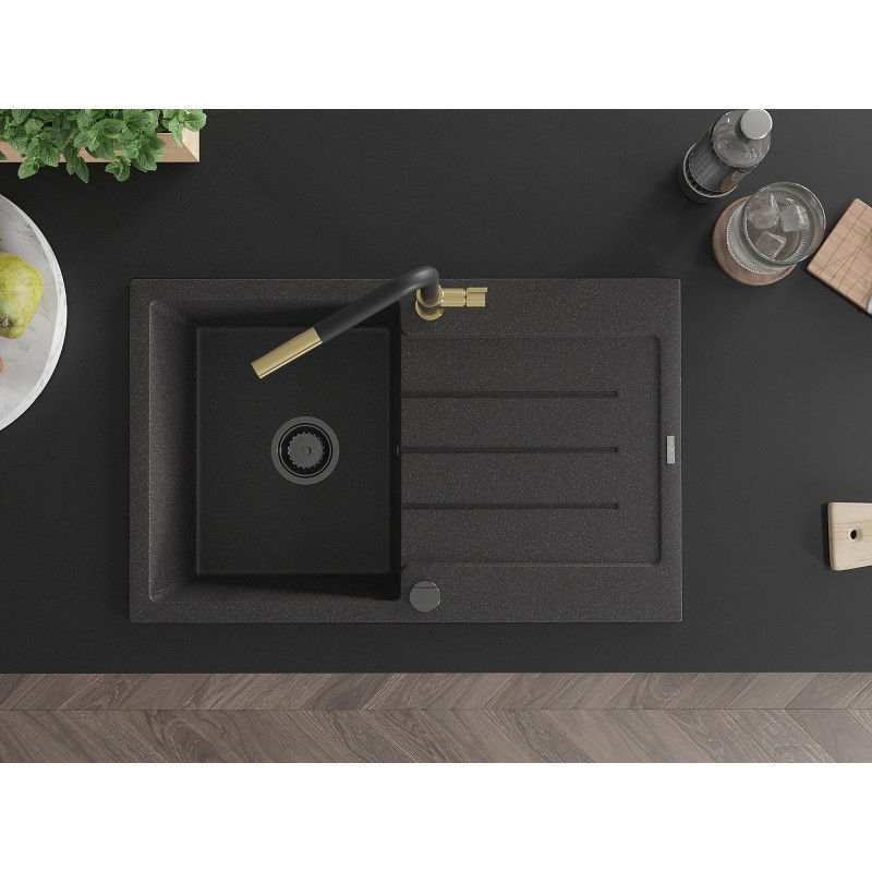 Mexen Bruno granite kitchen sink 1-bowl with drainer and Flora kitchen tap, black speckled - 6513-76-670401-57-B