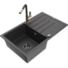 Mexen Bruno 1-bowl granite sink with drainer and Flora kitchen faucet, speckled black - 6513-76-670401-57-B