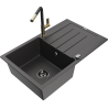 Mexen Bruno granite sink 1-bowl with drainer and Flora kitchen faucet, black speckled - 6513-76-670401-57-B