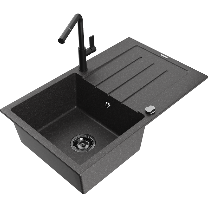 Mexen Bruno 1-compartment granite sink with a drip tray and kitchen mixer tap Flora, spotted black - 6513-76-670401-70-B