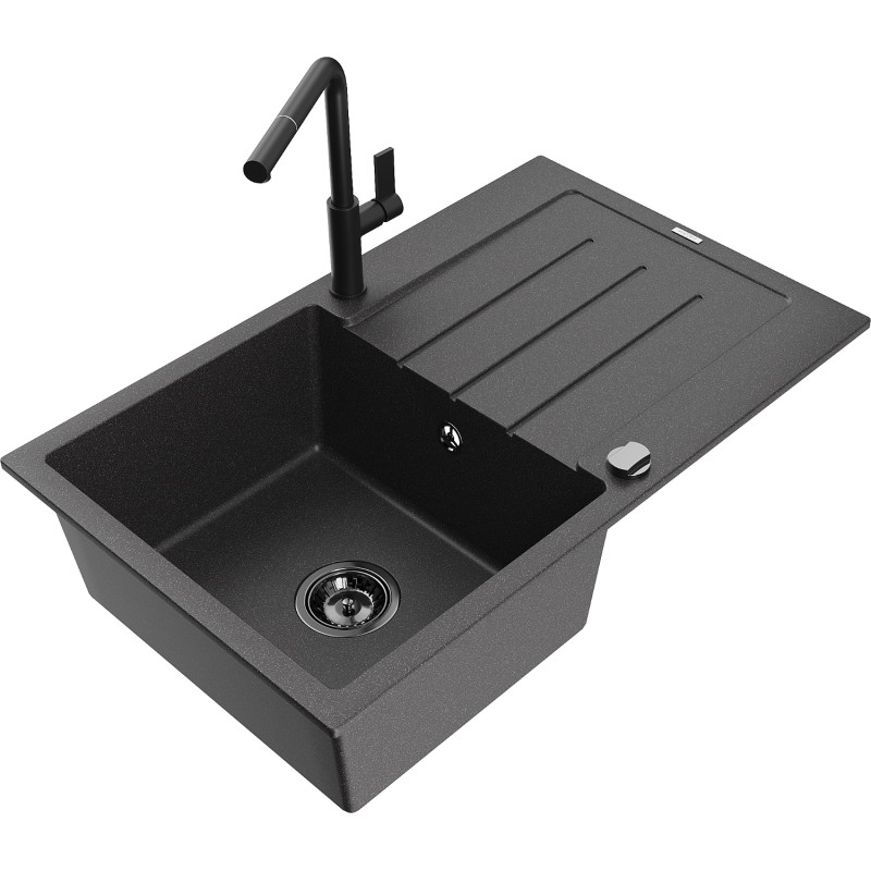 Mexen Bruno granite sink 1-bowl with drainer and Flora kitchen faucet, black speckled - 6513-76-670401-70-B