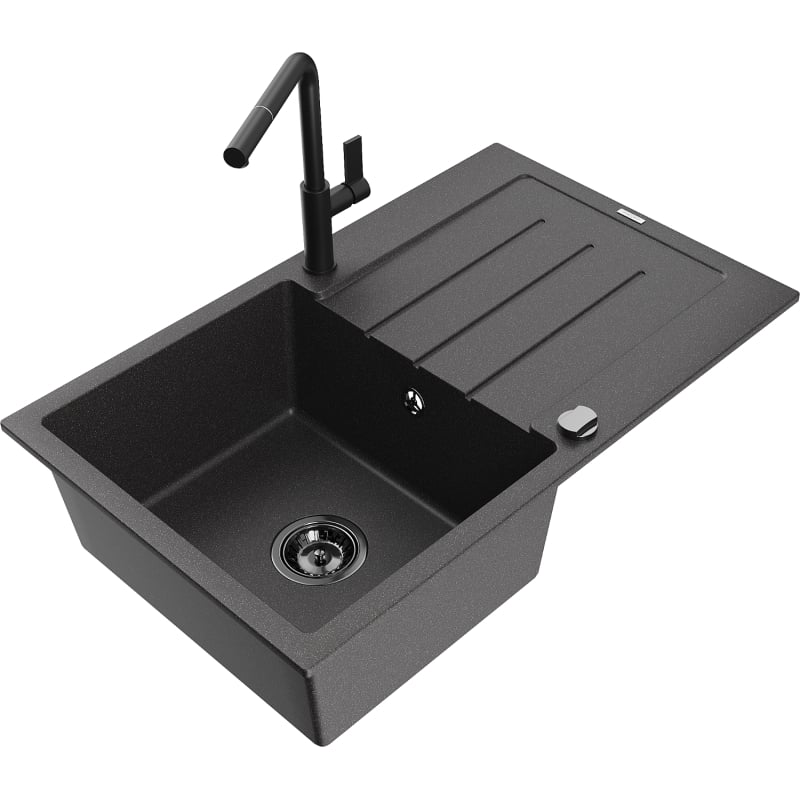Mexen Bruno granite sink 1-bowl with drainer and Flora kitchen faucet, speckled black - 6513-76-670401-70-B